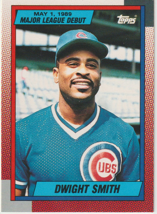 Baseball trading card of Dwight Smith with Cubs jersey and Topps logo
