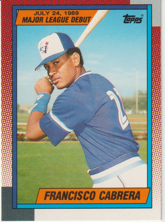 Baseball trading card of Francisco Cabrera with a blue border and red accents.