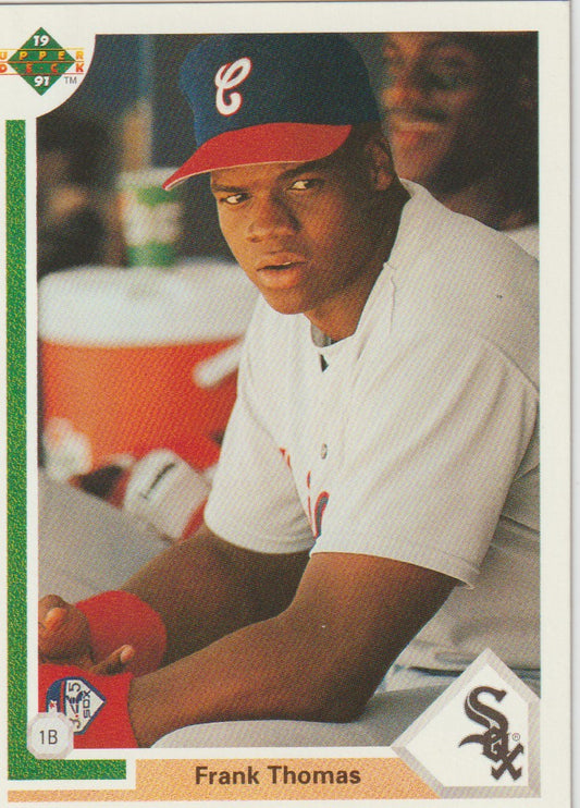 Baseball trading card of Frank Thomas with a Chicago White Sox cap and jersey.