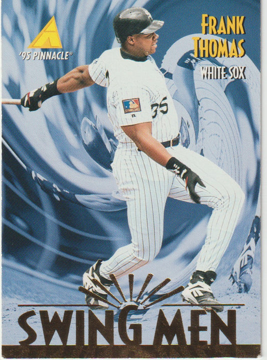 Baseball trading card of Frank Thomas in a White Sox uniform with '95 Pinnacle and 'Swing Men' branding.