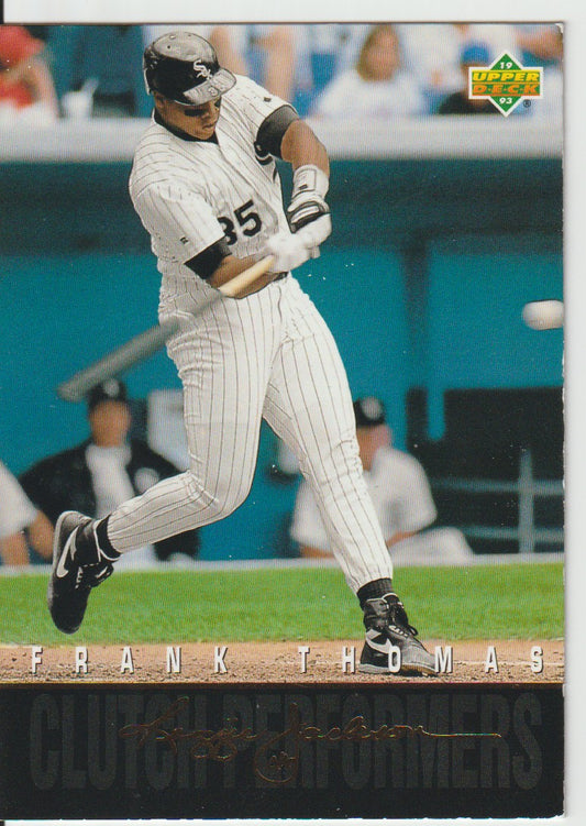 Baseball trading card of Frank Thomas in a pinstripe uniform, holding a bat.