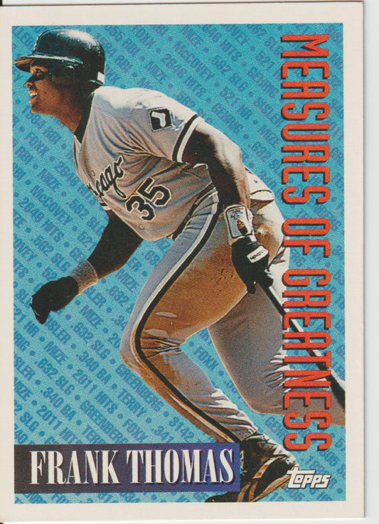 Baseball trading card of Frank Thomas with a blue background and 'Measures of Greatness' text.