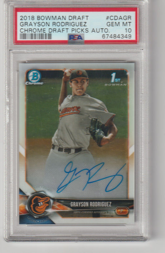 Baseball trading card of Grayson Rodriguez in a gray uniform with a red and white label, featuring a PSA grading sticker.