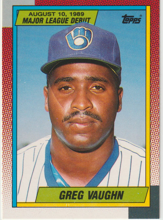 Baseball trading card of Greg Vaughn with a red border and Topps logo.