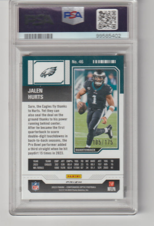 Football trading card of Jalen Hurts in a protective case with PSA grading label