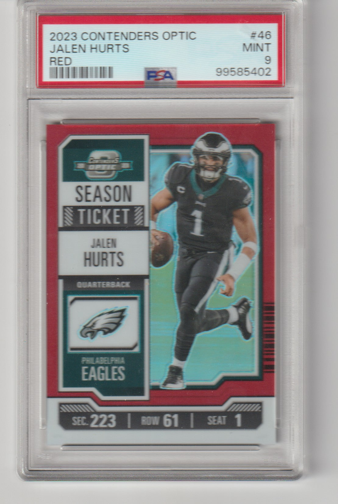 Football trading card of Jalen Hurts in a protective case with grading information.