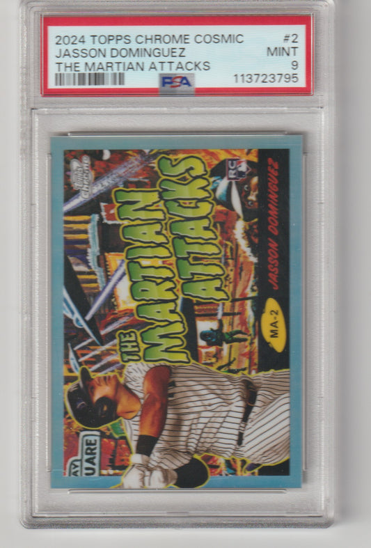 Trading card of Jasson Dominguez from Topps Chrome Cosmic series in a protective case.