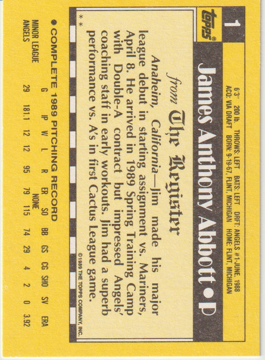 Back of baseball trading card featuring Jim Abbott's stats