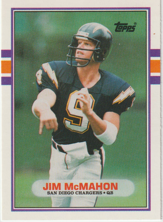 Vintage football trading card of Jim McMahon with Topps logo