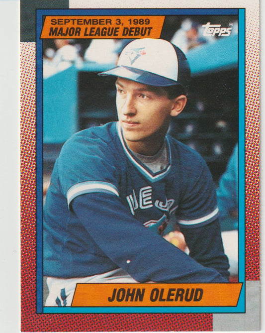 Baseball trading card of John Olerud with a blue border and text