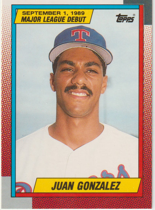 Baseball trading card of Juan Gonzalez with Texas Rangers logo