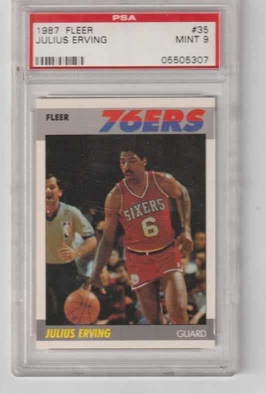 Basketball trading card of Julius Erving in a red jersey with '76ers' logo, graded by PSA.