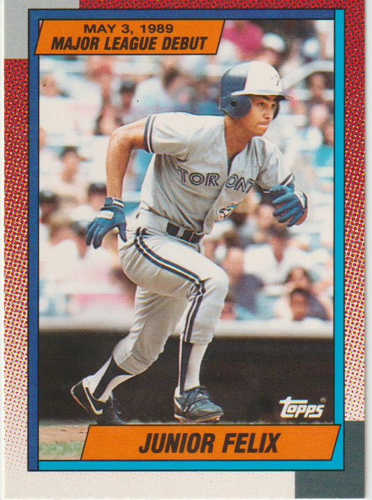 Baseball trading card of Junior Felix with 'Toronto' on jersey, Topps logo, and 'May 3, 1989 Major League Debut' text.