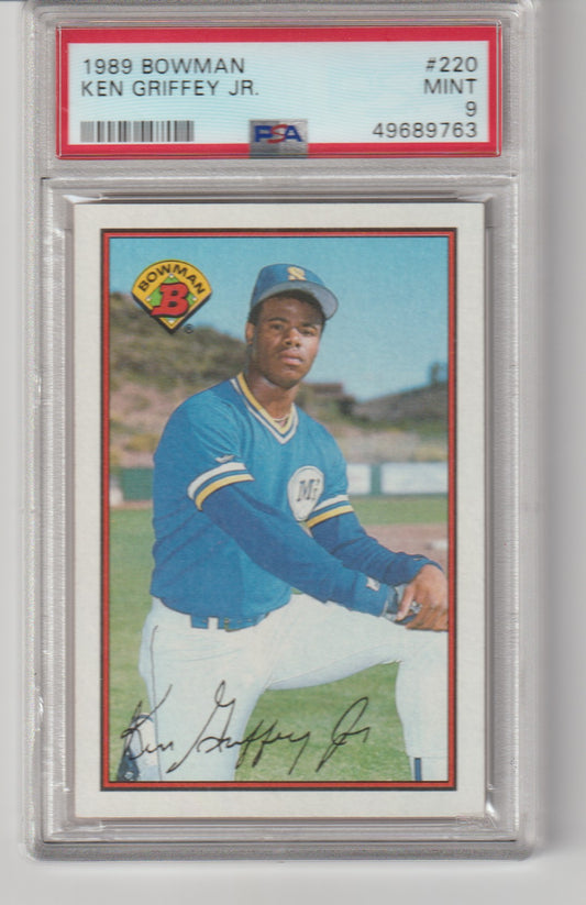 1989 Bowman Ken Griffey Jr. baseball card in a protective case with PSA grading information.