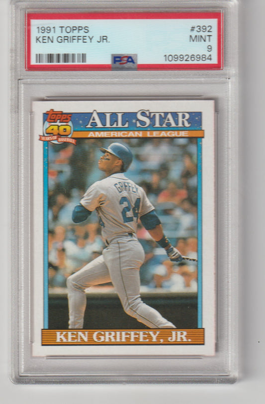 Baseball trading card of Ken Griffey Jr. in a display case with PSA grading label.