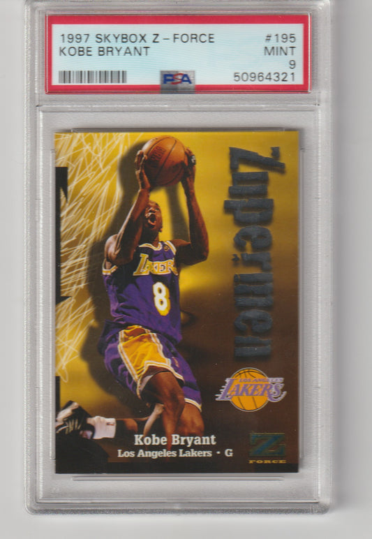 Basketball trading card of Kobe Bryant in a display case with a PSA grading label.