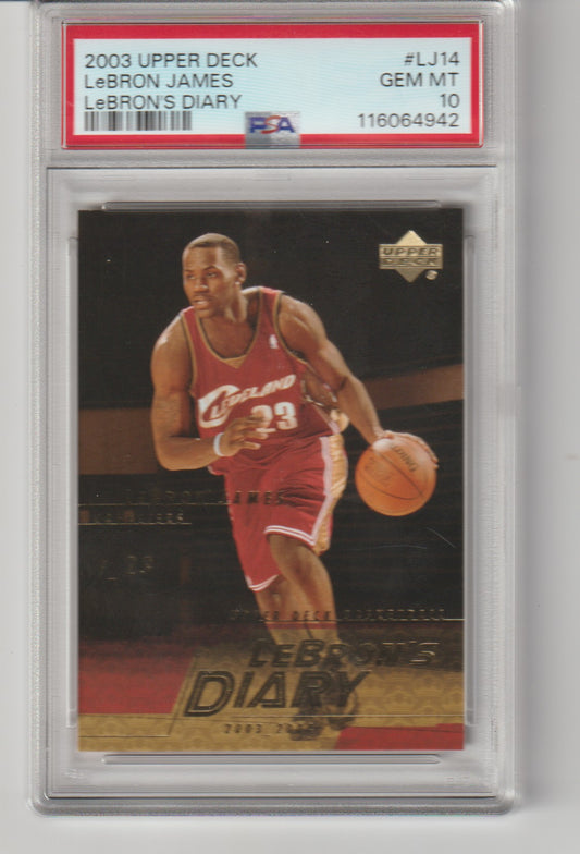 Basketball trading card of LeBron James from 2003 Upper Deck with a PSA grading label.