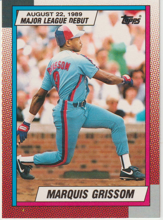 Baseball trading card of Marquis Grissom with a blue uniform and red accents, featuring a major league debut on August 22, 1989.