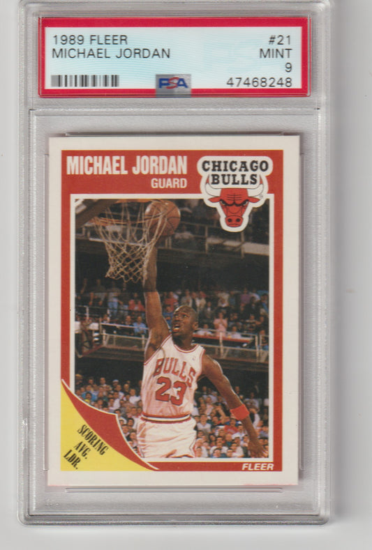 1989 Fleer Michael Jordan trading card in a protective case with PSA grading label.