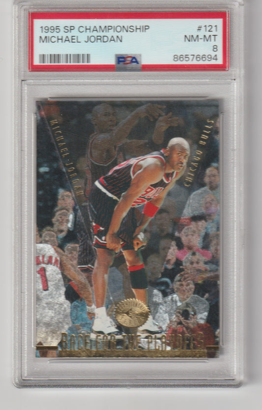 Basketball trading card of Michael Jordan with a PSA grading label on a white background