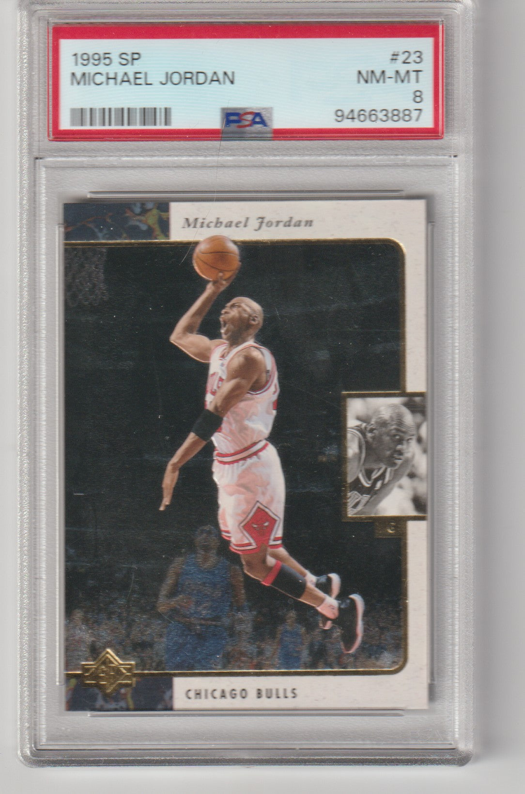 Basketball trading card of Michael Jordan in a Chicago Bulls uniform, graded by PSA.