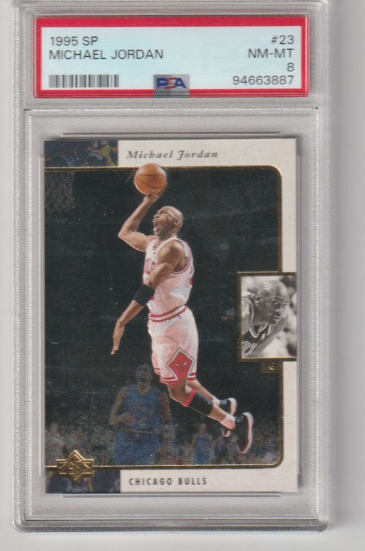 Basketball trading card of Michael Jordan in a Chicago Bulls uniform, graded by PSA.