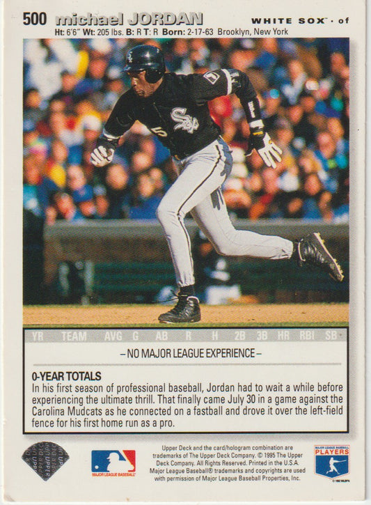 Baseball trading card of Michael Jordan playing for the White Sox, with text and logos on the card.