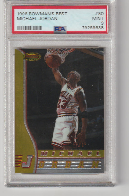 Basketball trading card of Michael Jordan in a protective case with a PSA label.