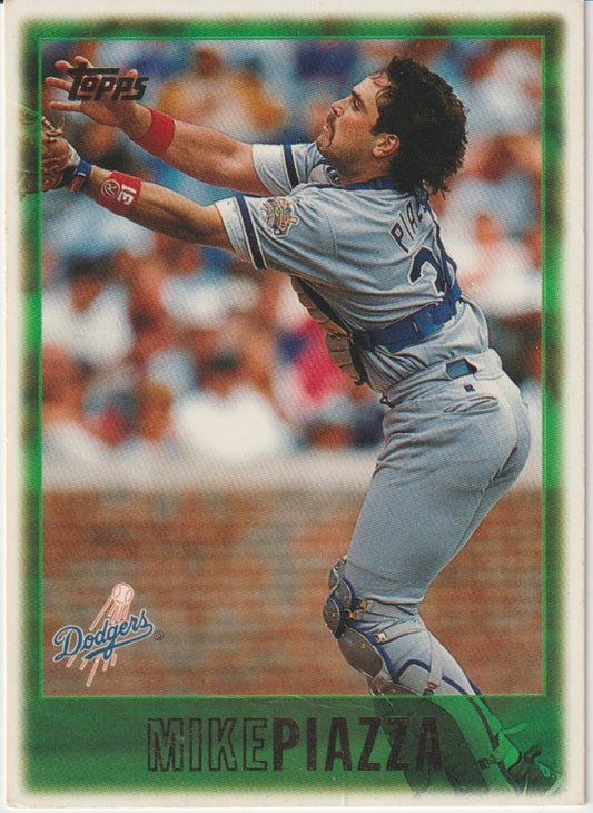 Baseball trading card of Mike Piazza in a Dodgers uniform, with a green border.