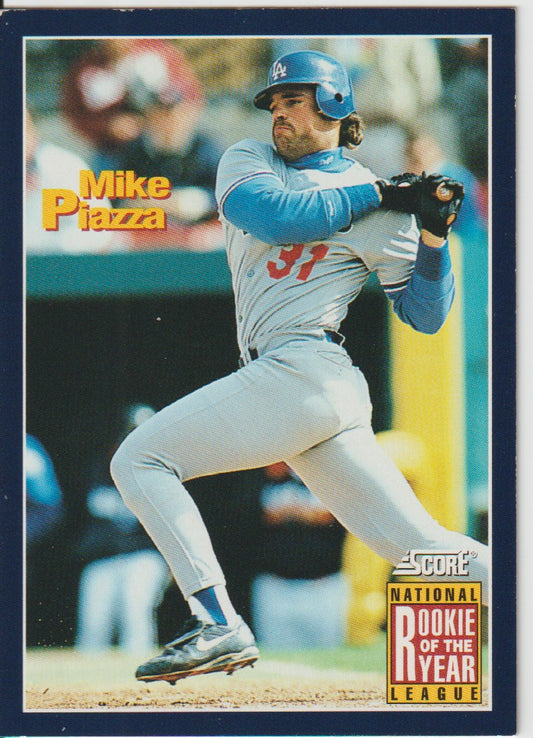 Baseball trading card of Mike Piazza with 'National Rookie of the Year' badge