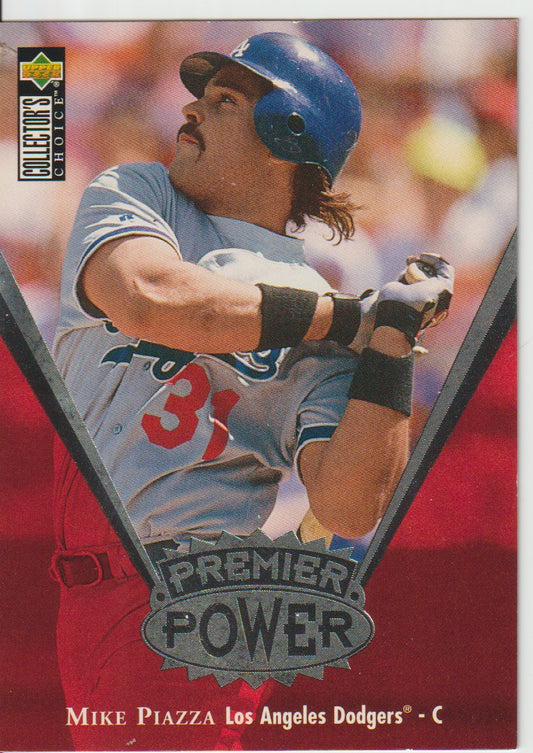 Baseball trading card of Mike Piazza with 'Premier Power' logo