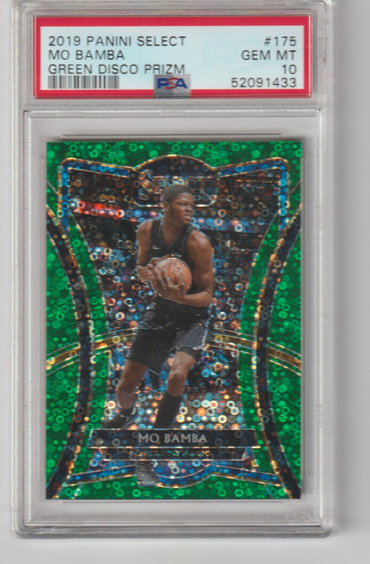Basketball trading card with player in green disco prizm design, encased in a protective holder.
