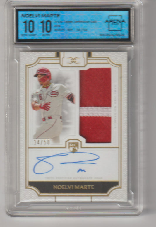 Baseball trading card with player image, signature, and card details in a protective case.