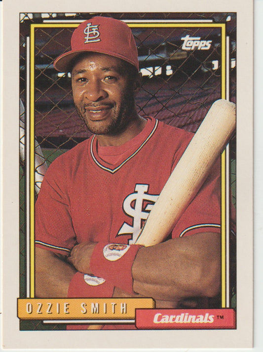 Baseball trading card of Ozzie Smith holding a bat, with St. Louis Cardinals logo.