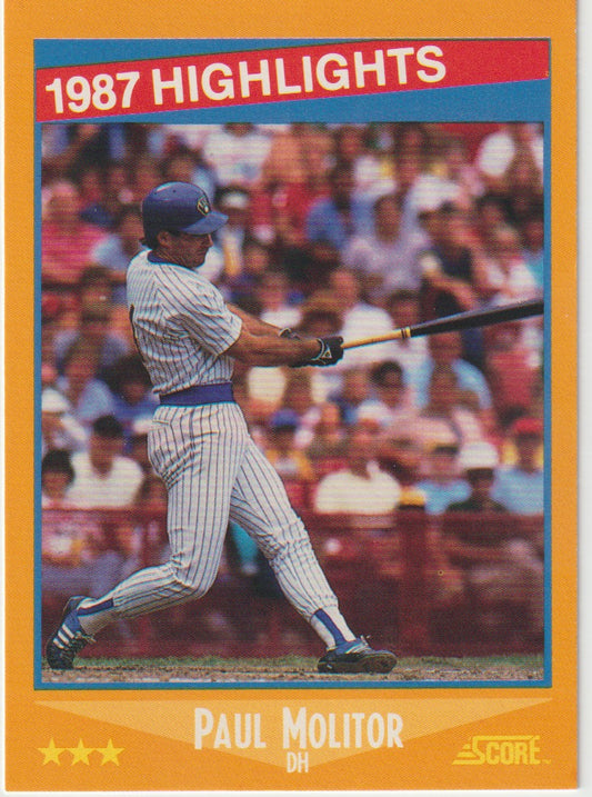 Baseball trading card of Paul Molitor with 1987 highlights, in front of a crowd.