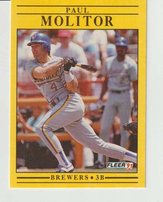 Baseball trading card of Paul Molitor in action, with a yellow border and 'Fleer 91' branding.