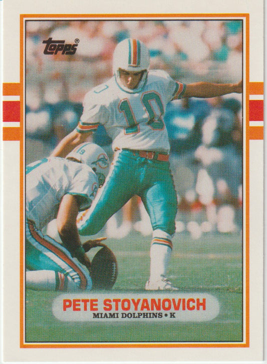 Vintage football trading card of Pete Stoyanovich for the Miami Dolphins, featuring Topps branding.