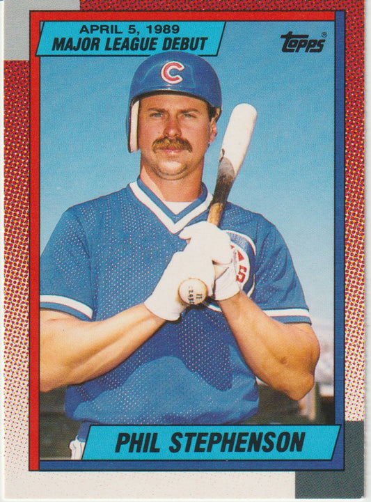 Baseball trading card of Phil Stephenson with a blue border and red accents