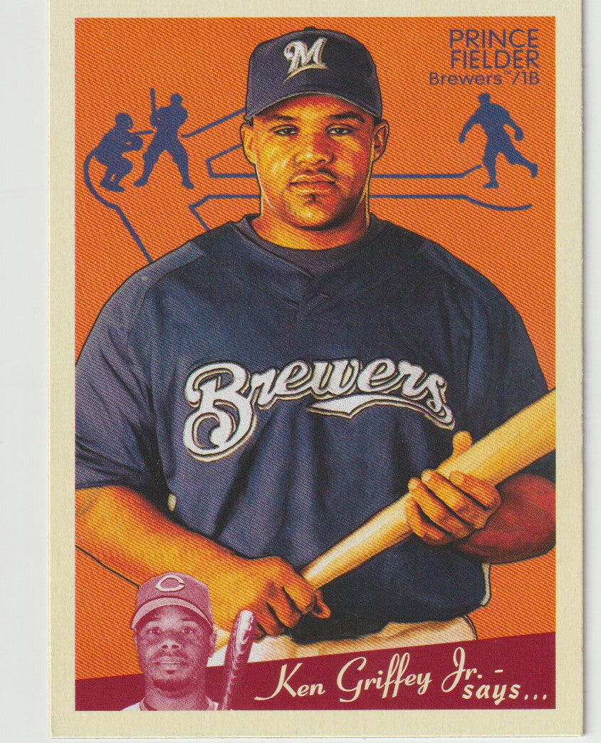Baseball trading card of a player holding a bat with promotional text on an orange background