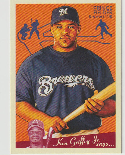 Baseball trading card of a player holding a bat with promotional text on an orange background