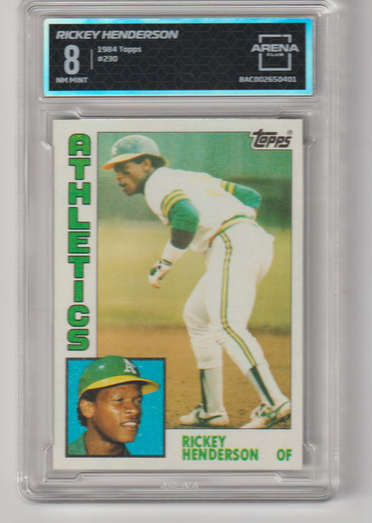 Baseball trading card of Rickey Henderson with a clear protective case.