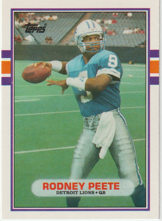 Vintage football trading card of Rodney Peete for the Detroit Lions, featuring a player in action pose on a sports field.