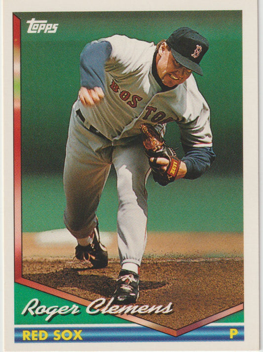 Baseball trading Card featuring Roger Clemons in his Boston Red Sox uniform.