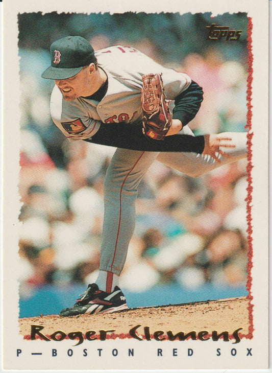 Baseball trading card of Roger Clemens pitching for the Boston Red Sox
