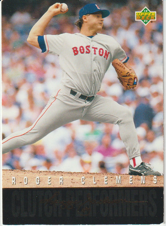 Upper Deck baseball ard featuring Roger Clemons in his Boston Red Sox uniform.