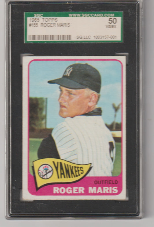Baseball trading card of Roger Maris in a protective case with grading information.