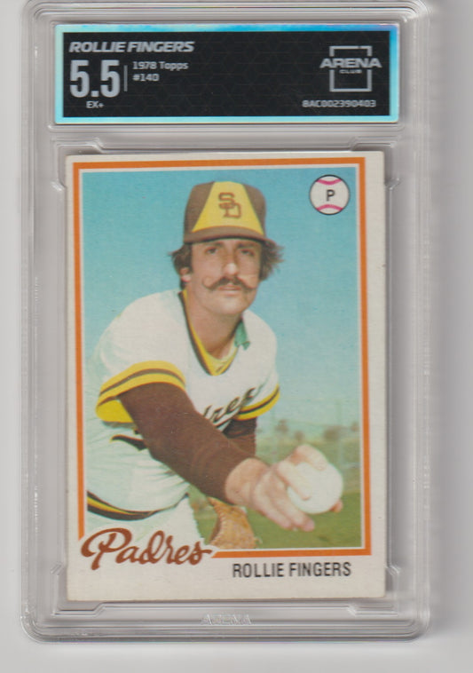 Baseball trading card of Rollie Fingers in a protective case with grading information.