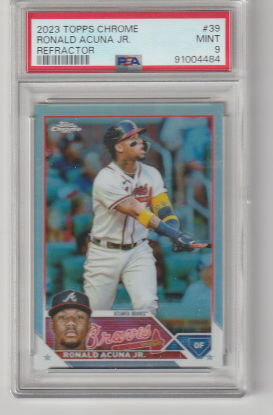Baseball trading card of Ronald Acuna Jr. in a protective case with PSA grading information.