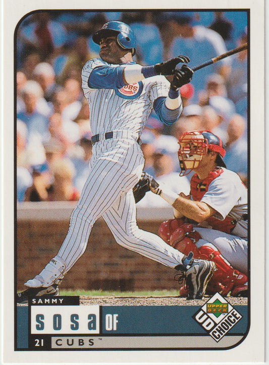 Baseball trading card of a player in a Cubs uniform, with a catcher in the background.
