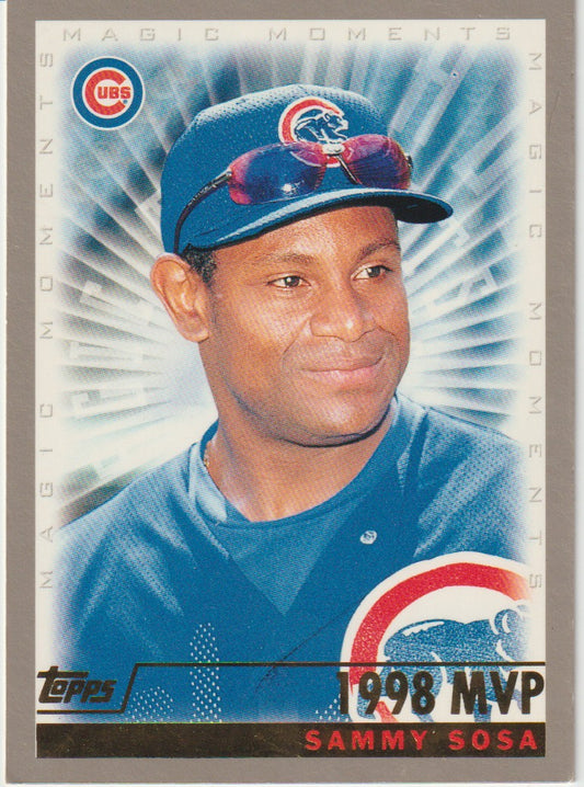 Baseball trading card of Sammy Sosa with Cubs logo and '1998 MVP' text.